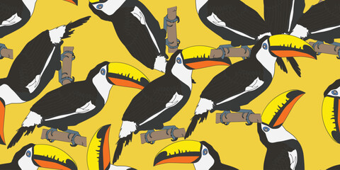 Toucan Cartoon. Vector Illustration. Seamless Pattern Wallpaper.Yellow background.