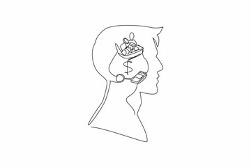 Single one line drawing head of man with an open money bag in the middle of his head. The best place to save money is to invest it. Inside the Head of Man. Continuous line design graphic illustration
