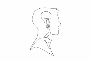 Single continuous line drawing the head of a man has a lightbulb in the middle of his head. A brilliant idea that comes suddenly. Creative. Inside the Head of Man. One line design vector illustration