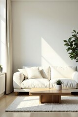 Fototapeta premium Serene Living Room Interior Design Featuring a Comfortable Off-White Sofa, Wooden Coffee Table, and Lush Greenery