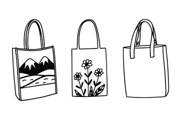 Collection of hand-drawn tote bag illustrations featuring mountain and floral designs perfect for sustainable shopping concepts.