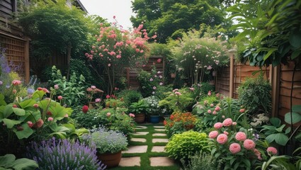 Obraz premium Lush backyard garden with a variety of flowering plants and shrubs