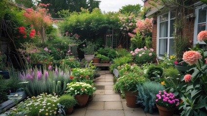 Fototapeta premium Lush backyard garden with a variety of flowering plants and shrubs
