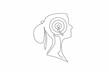 Single one line drawing head of woman with arrow target board in the middle of her head. Thinking about focus to achieve success. Inside the Head of Woman. Continuous line design graphic illustration