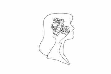 Single continuous line drawing the head of a woman with a pile of banknotes in the middle of her head. Consideration, spent or invested. Inside the Head of Woman. One line design vector illustration