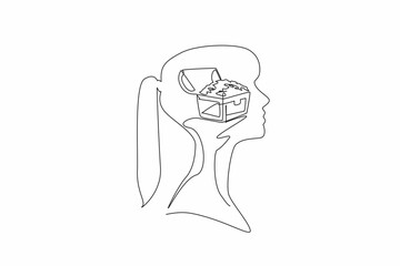 Single continuous line drawing the head of young woman with treasure box and gold coins in the middle of her head. The treasure hunter. Inside the Head of Woman. One line design vector illustration