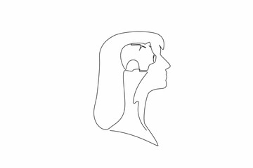 Continuous one line drawing the head of a woman with a piggy bank in the middle of her head. Put saving first. Not wasteful. Inside the Head of Woman. Single line draw design vector illustration