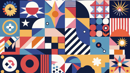 Obraz premium Geometric abstract pattern with colorful shapes and symbols vector
