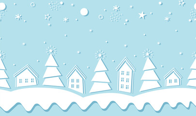Christmas Abstract Seamless Border. Winter Village in Modern Geometric Style. Trendy Christmas Design. Holiday Greeting Card, Banner, Invitation Template. Vector Illustration in Light Blue, White.