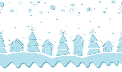 Christmas Abstract Seamless Border. Winter Village in Modern Geometric Style. Trendy Christmas Design. Holiday Greeting Card, Banner, Invitation Template. Vector Illustration in Light Blue, White.