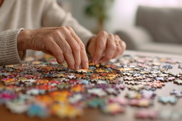 Hands assembling a jigsaw puzzle indoors, showcasing concentration and mindfulness during afternoon leisure time