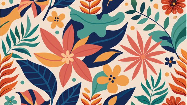 Abstract floral and leaf pattern in coral orange teal and navy blue floral pattern