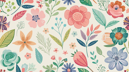 Hand-drawn floral pattern with pastel pink blue and green flowers botanical nature