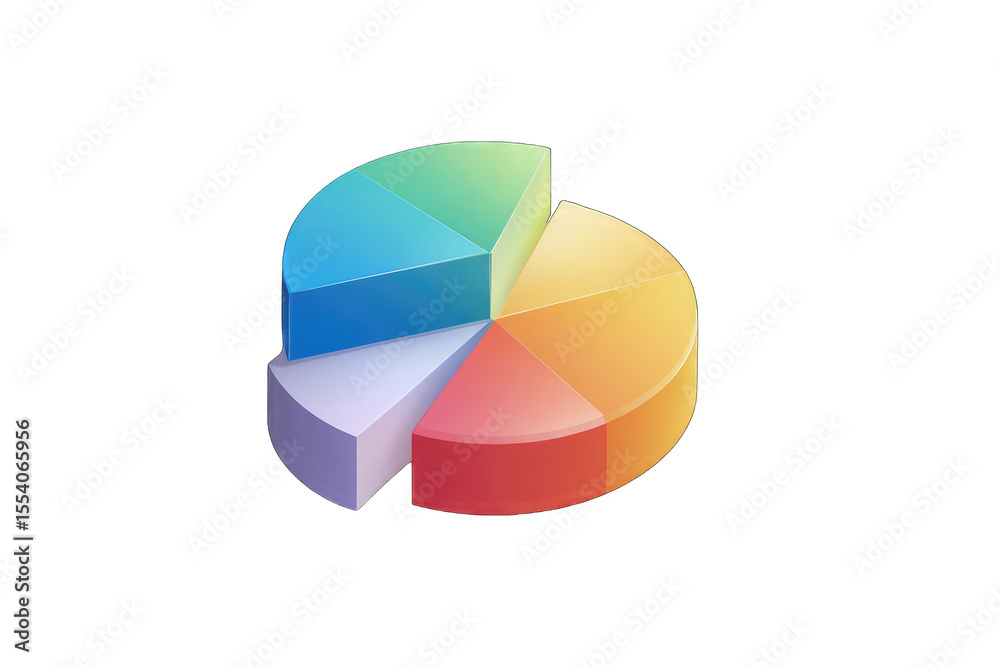 Poster a vibrant, 3d pie chart segmented into five pastel-colored sections, illustrating data proportions