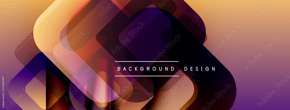 Poster abstract geometric shapes overlap, creating vibrant gradient effect. warm tones dominate, with purpl