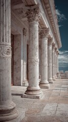 Marvel at the intricate marble columns of an ancient building against a bright blue sky