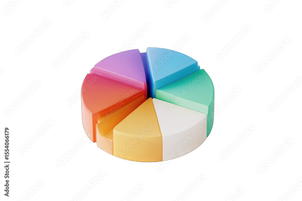 Poster a vibrant, 3d pie chart segmented into seven pastel-colored sections, representing data or proportio