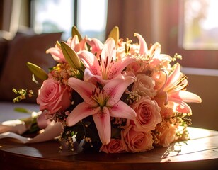 Pink floral bouquet, sunlight