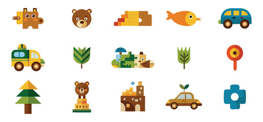 Delightful and charming collection of flat design illustrations featuring animal and object puzzle pieces on white background