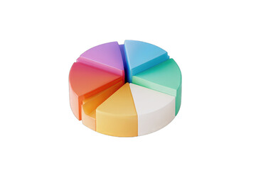 A vibrant, 3D pie chart segmented into seven pastel-colored sections, representing data or proportions