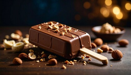 chocolate ice cream stick with nuts and  chocolate topping at good lighting