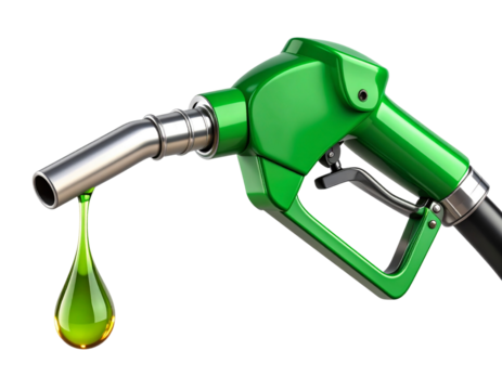 3D Render of Green Gas Nozzle with Fuel Droplet at the Tip, Transparent Background