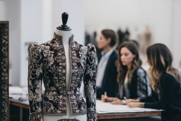 Fashion design studio with intricate garment and designers collaborating on creative projects