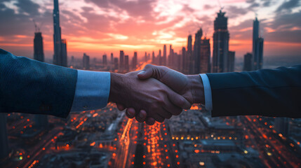 Handshake between two businessmen with Dubai skyline in the background, symbolizing UAE economic growth, thriving business environment, investment opportunities, and strong international par74178878 2