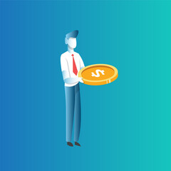 Business Professional Holding Large Coin Symbolizing Investment and Financial Growth in Contemporary Abstract Setting. Businessman character vector illustration