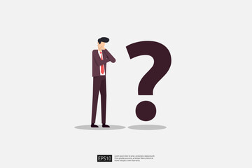 Male Professional in Suit Contemplating a Question Mark Representing Uncertainty in a Corporate Environment. Businessman character vector illustration