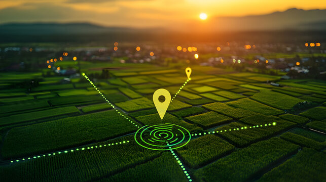 Aerial view of property mapping showcasing location markers and connected lines, highlighting distinct land plots, real estate boundaries, geographic data networks, and spatial analysis conc38255312 2