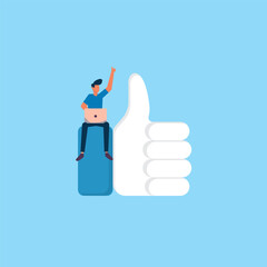 Illustration of a Young Man Sitting on a Laptop Giving a Thumbs Up Gesture Against a Bright Blue Background
