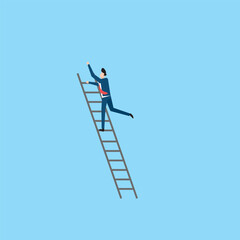 Illustration of a Man Climbing a Ladder Towards Success Against a Blue Background. Businessman character vector illustration