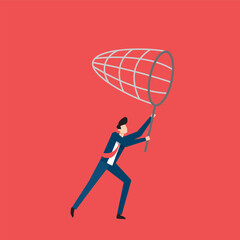 Man Running with Catching Net on Bright Red Background Demonstrating Determination and Energy. Businessman character vector illustration