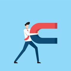 Businessman Struggling to Lift a Large Magnet Symbolizing Attraction and Success in a Modern Professional Environment. Businessman character vector illustration