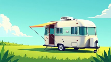 Naklejka premium Retro Camper Van Parked on Sunny Meadow, Ready for a Serene Vacation