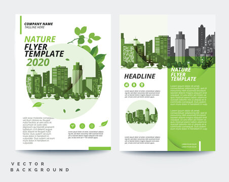 Green eco flyer, poster, brochure, magazine, annual report, booklet, cover banner template. Modern green leaf, environment design
