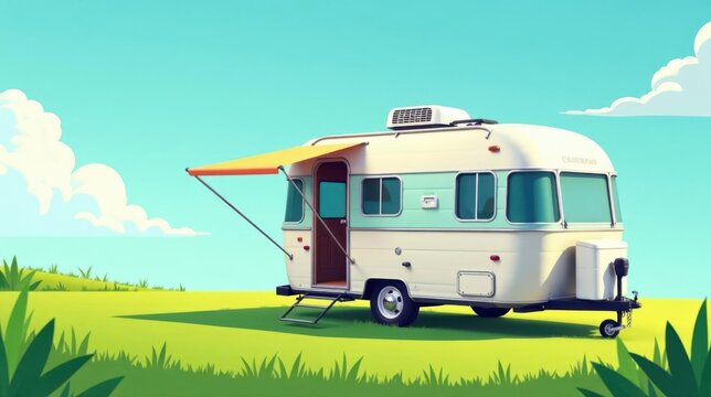 Retro Camper Van Parked on Sunny Meadow, Ready for a Serene Vacation