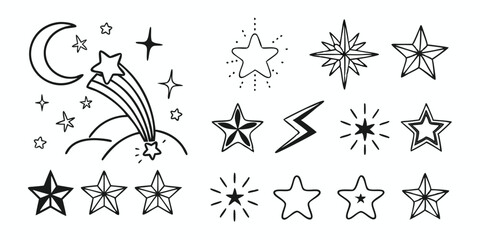 Boho Star and Sparkle Icon Set – Celestial Black and White Line Art Pack