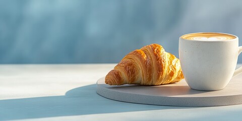 Baked pastry and a cup of coffee on a speckled stone coaster, set against a soft blue background. Sunlight illuminates the scene.