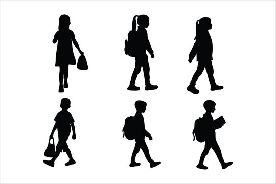 Back to school, boys and girls, kids going to school silhouette design