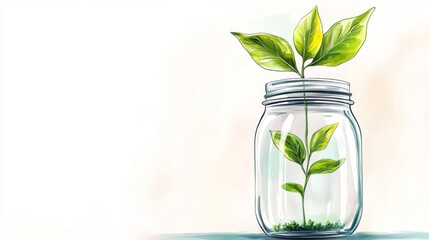 A small plant grows in a glass jar. The image uses watercolor and a white background to portray themes of growth, new beginnings, and hope.
