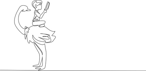 Single one line drawing boy reading book on cute ostrich. Sit cross legged and study seriously. Learn to be an observer. Boy Reading Book at Animal Back. Continuous line design graphic illustration