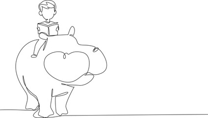 Single continuous line drawing boy reading book on cute hippopotamus. Find out what habits hippopotamus will do. Learn and observe. Boy Reading Book at Animal Back. One line design vector illustration