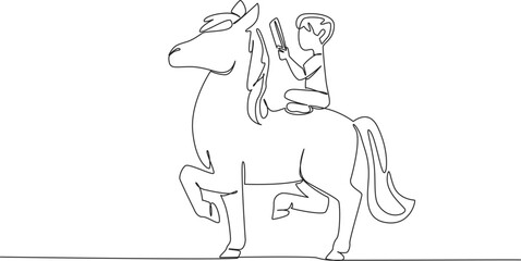 Single one line drawing boy reading book on cute horse. Learning and practicing balance. Reading on a walking horse. Nerd. Boy Reading Book at Animal Back. Continuous line design graphic illustration