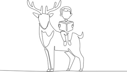 Single continuous line drawing boy reading book on cute horned deer. Read a book some facts about antlered deer. Observing habits. Boy Reading Book at Animal Back. One line design vector illustration