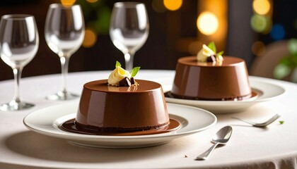 Chocolate pudding at plate with vanilla topping