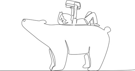 Single continuous line drawing boy reading book on cute polar bear. Lying on back reading book. Increase knowledge in relaxed way. Boy Reading Book at Animal Back. One line design vector illustration