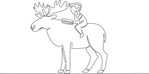 Single one line drawing boy reading book on cute moose. Seriously learn to count distribution of moose. Little observer. Boy Reading Book at Animal Back. Continuous line design graphic illustration