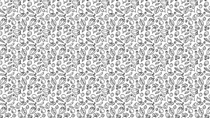 Black and white seamless pattern with hand drawn vegetables and fruits on a white background